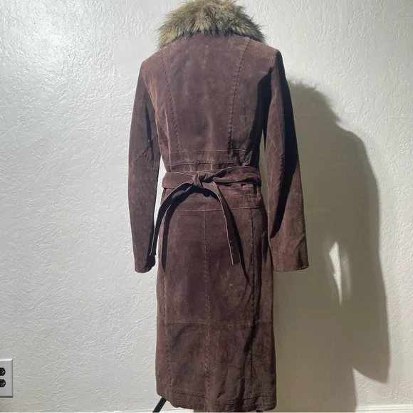 Wilsons Leather suede Brown Trench Coat with Faux Fur Collar - Picture 7 of 12